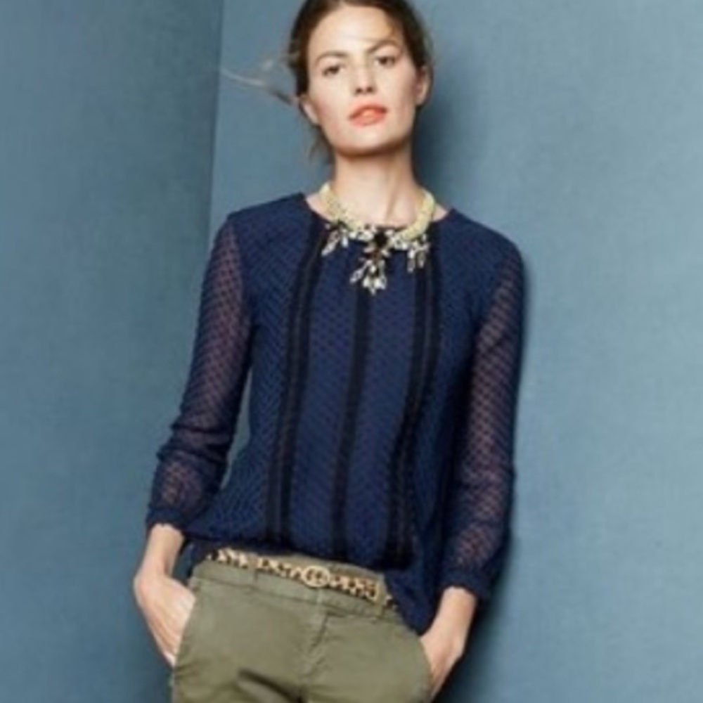 NWOT J. Crew Navy Silk Lace Trim Swiss Dot Top